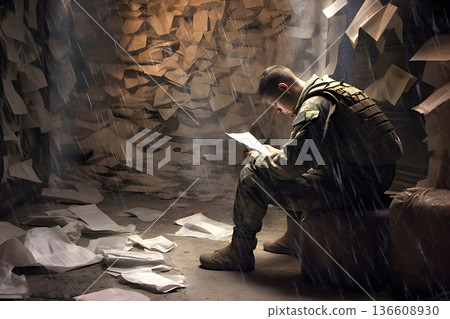 young soldier sitting in a room filled with notes and letters, PTSD concept, neural network generated image 136608930