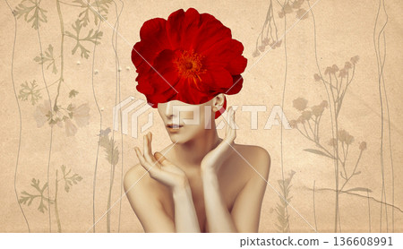 Abstract contemporary art design or portrait of young sad woman with flowers 136608991