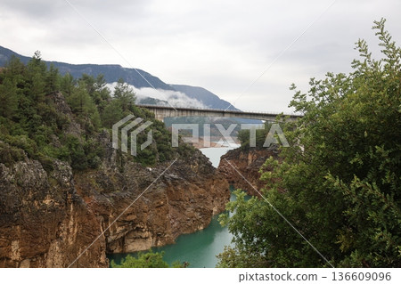 Turquoise River Gorge bridge drone view  136609096