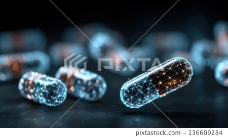 A medicine in the form of a digital capsule with a neon glow on a dark blurred background A medicine in the form of a digital capsule with a neon glow on a dark blurred background 136609284