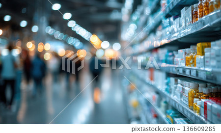 A blurry image of a medical section in a shopping mall in the evening 136609285