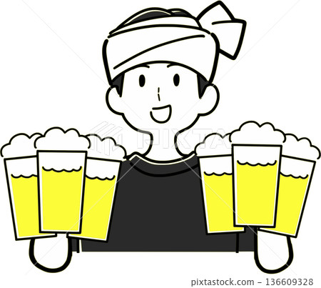 Illustration of a male bartender carrying beer 136609328