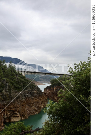 Turquoise River Gorge bridge drone view Turquoise River Gorge bridge drone view 136609353
