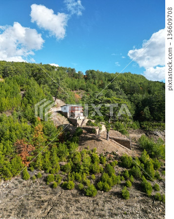 house in the mountains autumn trees nature at a distance house in the mountains autumn trees nature at a distance 136609708