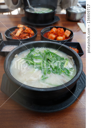 Steaming Hot Korean Blood Sausage Soup Soondaeguk in a Traditional Earthen Pot Ttukbaegi 136609717