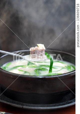 Steaming Hot Korean Blood Sausage Soup Soondaeguk in a Traditional Earthen Pot Ttukbaegi Steaming Hot Korean Blood Sausage Soup Soondaeguk in a Traditional Earthen Pot Ttukbaegi 136609718