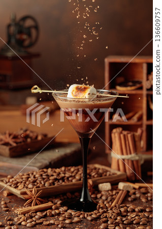 Cream and coffee cocktail with toasted marshmallow and chocolate crumbs. Cream and coffee cocktail with toasted marshmallow and chocolate crumbs. 136609757
