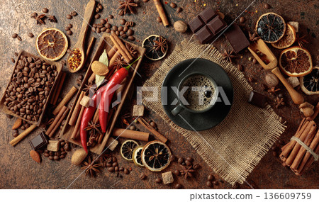 Various spices and seasonings for making aromatic coffee-based drinks. Various spices and seasonings for making aromatic coffee-based drinks. 136609759
