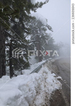 Foggy snowy road. High quality photo Foggy snowy road. High quality photo 136609843
