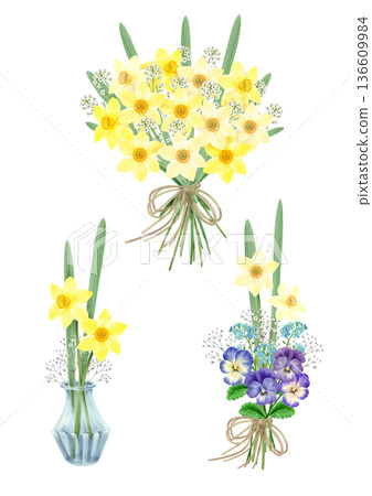 A set of watercolor daffodil bouquets and mini arrangements 136609984