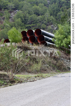 Pipeline construction site. High quality 4k footage Pipeline construction site. High quality 4k footage 136610296
