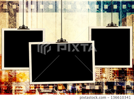 Grunge background with old paper texture, retro filmstrip frame and skyscrapers. Horizontal retro banner with film reel and urban scene. Vintage retro backdrop with paper texture and metropolis Grunge background with old paper texture, retro filmstrip frame and skyscrapers. Horizontal retro banner with film reel and urban scene. Vintage retro backdrop with paper texture and metropolis 136610341