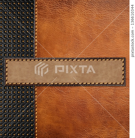 Leather background of brown and black colors with bronze rivets and old label. Decorative backdrop with cowhide texture and vintage tag of brown color. Mock up template. Copy space for text Leather background of brown and black colors with bronze rivets and old label. Decorative backdrop with cowhide texture and vintage tag of brown color. Mock up template. Copy space for text 136610344