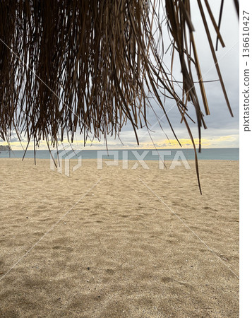 Beach chair sunset. High quality photo Beach chair sunset. High quality photo 136610427