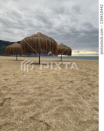 Beach chair sunset. High quality photo Beach chair sunset. High quality photo 136610442