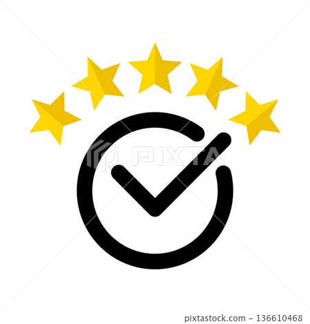 Five star rating with check mark icon customer feedback quality approval verification symbol premium service evaluation concept for business and web Five star rating with check mark icon customer feedback quality approval verification symbol premium service evaluation concept for business and web 136610468
