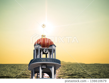 Masjid Dome Islam on Sea Sunset Isra miraj Namaz Sunset Background Mubaruk Greeting Islam Ramadan Element Masjid Aqsa Hajj Kaaba Umrah Eid Arabian Religion Islamic Arab Muslim Greeting Miraj Kaaba. 136610679