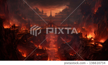 A dark hellish fantasy medieval city with a lot of fire coming out of it, neural network generated image 136610734