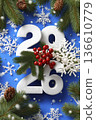 Festive winter decoration with snowflakes and pine branches for New Year 136610779