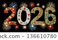 Colorful 2026 celebration design with fireworks and sparkling elements 136610780