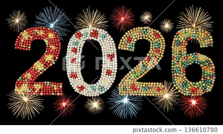 Colorful 2026 celebration design with fireworks and sparkling elements Colorful 2026 celebration design with fireworks and sparkling elements 136610780