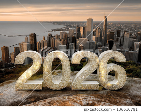 Decorative 2026 numbers on rocky ledge overlooking city skyline Decorative 2026 numbers on rocky ledge overlooking city skyline 136610781