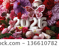 Colorful floral arrangement with decorative elements and numbers 2026 for New Year celebration 136610782