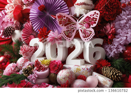 Colorful floral arrangement with decorative elements and numbers 2026 for New Year celebration Colorful floral arrangement with decorative elements and numbers 2026 for New Year celebration 136610782