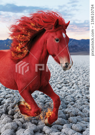 Red Fiery Horse galloping across cracked earth landscape symbolizing 2026 Red Fiery Horse galloping across cracked earth landscape symbolizing 2026 136610784
