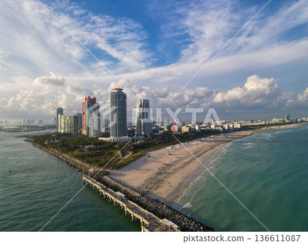 Miami South beach landscape aerial view. Skyline aerial on Miami marina, Florida. Aerial Miami south beach. Marina landscape in South Beach, USA. Skyline panorama on sunset. Sea beach 136611087