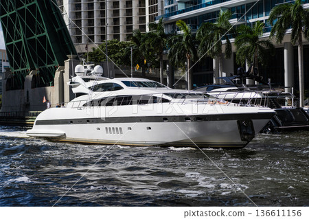 Motorboat yacht sailing at sea. Charter motorboat. Luxury boat motor yacht at sea. Yachting boat tourism. Luxury lifestyle. Vacation on summer. Yacht at sea. South beach 136611156
