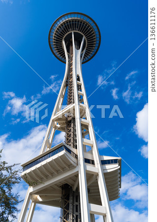 Seattle, Washington, USA - July 26, 2024: Modern Seattle architectural landmark. Architecture of Space needle. Seattle with Space Needle tower. Sky-high architecture landmark. Seattle landmark 136611176