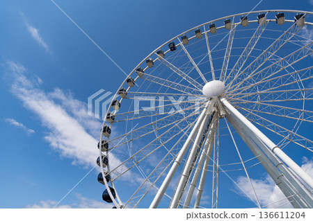 Seattle, Washington, USA, July 25, 2024: Ferris wheel. Amusement park with Ferris wheel. Observation Ferris wheel. Fairground ride on observation wheel. Entertainment park. Copy space Seattle, Washington, USA, July 25, 2024: Ferris wheel. Amusement park with Ferris wheel. Observation Ferris wheel. Fairground ride on observation wheel. Entertainment park. Copy space 136611204