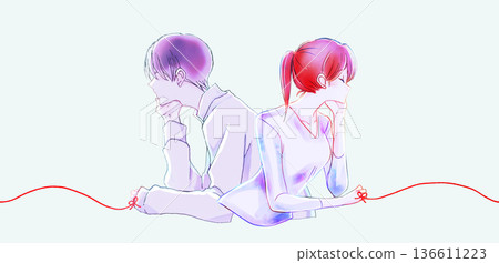 一對孤獨的男女，背靠背，被命運的紅線緊緊相連，雙手托腮。 136611223