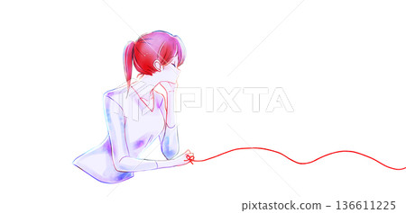 A lonely woman resting her chin on her hand, standing back to back with the red thread of fate tied to her A lonely woman resting her chin on her hand, standing back to back with the red thread of fate tied to her 136611225
