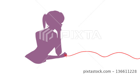 Lonely women standing back to back, tied by the red thread of fate, resting their chins on their hands, silhouette Lonely women standing back to back, tied by the red thread of fate, resting their chins on their hands, silhouette 136611228