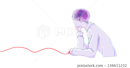 A lonely man resting his chin on his hand, standing back to back with the red thread of fate tied to him 136611232