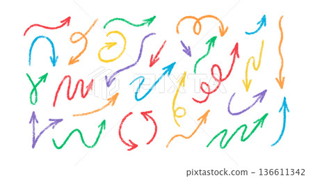Crayon brush arrow signs. Color doodle chalk direction line. Hand drawn grunge arrows with pencil texture. Sketch crayon drawing design elements set. Vector illustration isolated on white background Crayon brush arrow signs. Color doodle chalk direction line. Hand drawn grunge arrows with pencil texture. Sketch crayon drawing design elements set. Vector illustration isolated on white background 136611342