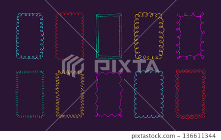 Crayon doodle scalloped frames. Chalk wavy hand drawn borders. Neon cute rectangle photo frames with crayon texture. Wavy sketch line mirror borders. Vector illustration isolated on dark background Crayon doodle scalloped frames. Chalk wavy hand drawn borders. Neon cute rectangle photo frames with crayon texture. Wavy sketch line mirror borders. Vector illustration isolated on dark background 136611344