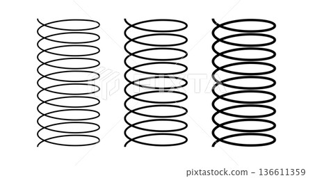Spiral spring set. Metal wire coil spring icon collection. Thin zigzag waves symbol. Flexible coil shapes. Loop line pattern. Vector illustration isolated on white background Spiral spring set. Metal wire coil spring icon collection. Thin zigzag waves symbol. Flexible coil shapes. Loop line pattern. Vector illustration isolated on white background 136611359