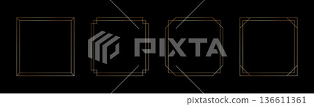 Thin golden frame set in art deco style. Luxury modern line square gold borders. Brass glowing shiny boarder element pack for photocard. Vector illustration isolated on black background 136611361