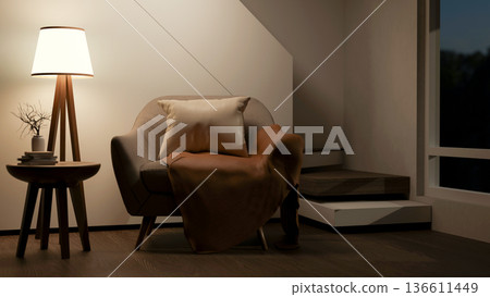 Sofa armchair and table under lamp light aside wall and stairs on parquet floor in a dim lit room. Sofa armchair and table under lamp light aside wall and stairs on parquet floor in a dim lit room. 136611449