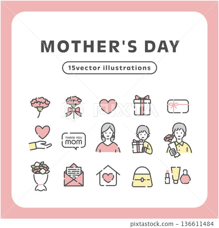 Mother's Day simple line icon set | Carnation and gratitude motif vector illustration Mother's Day simple line icon set | Carnation and gratitude motif vector illustration 136611484