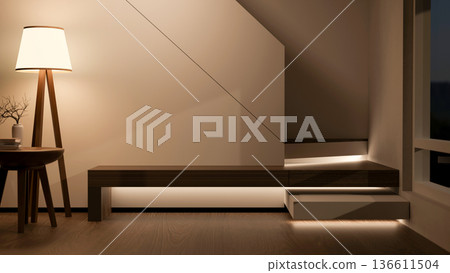 Stool table and high floor lamp on wooden floor aside the wall and stairs with riser light at night. Stool table and high floor lamp on wooden floor aside the wall and stairs with riser light at night. 136611504