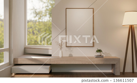 Blank frame over a vase and plant on books aside wooden staircase and sunshine through wall window. Blank frame over a vase and plant on books aside wooden staircase and sunshine through wall window. 136611507