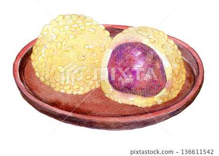 中國小吃芝麻餃子的水彩插圖 中國小吃芝麻餃子的水彩插圖 136611542