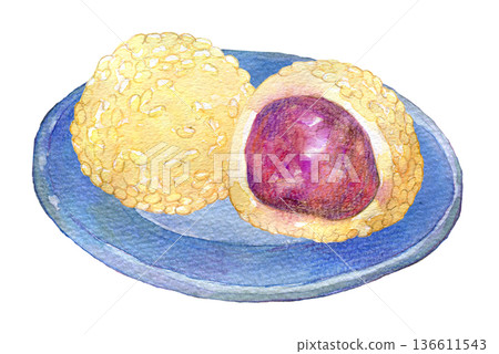 中國小吃芝麻餃子的水彩插圖 136611543