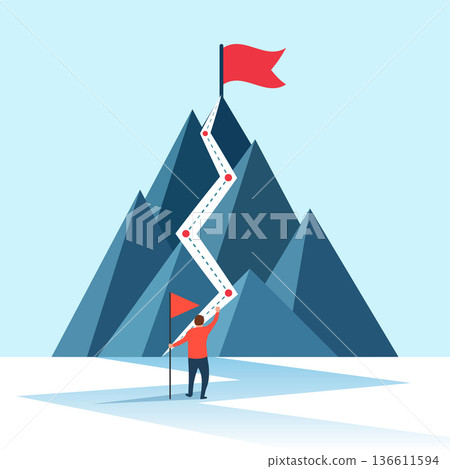 Mountain peak with flag icon in flat style. Exploration hiking vector illustration on isolated background. Success sign business concept. Mountain peak with flag icon in flat style. Exploration hiking vector illustration on isolated background. Success sign business concept. 136611594