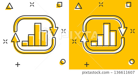 Growing bar graph icon in comic style. Increase arrow cartoon vector illustration on white isolated background. Infographic progress splash effect business concept. 136611607