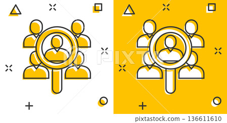 Search job vacancy icon in comic style. Loupe career cartoon vector illustration on white isolated background. Find people employer splash effect business concept. 136611610